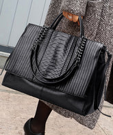 Black Chain Linked Patchwork Faux Leather Tote Handbag